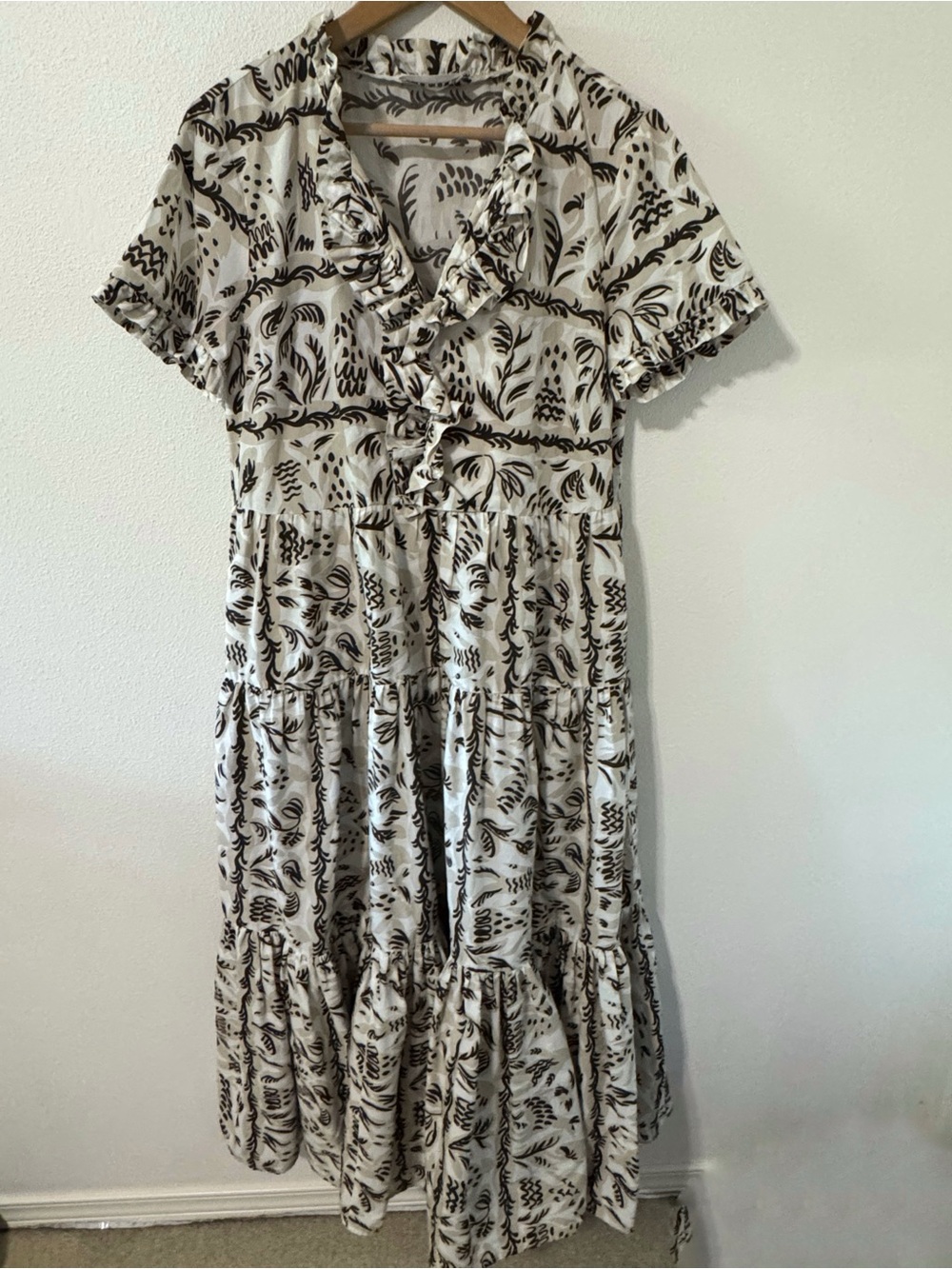 Meimeij Floral Ruffle Tiered Midi Dress Brown White Organic Cotton-44/X-Large